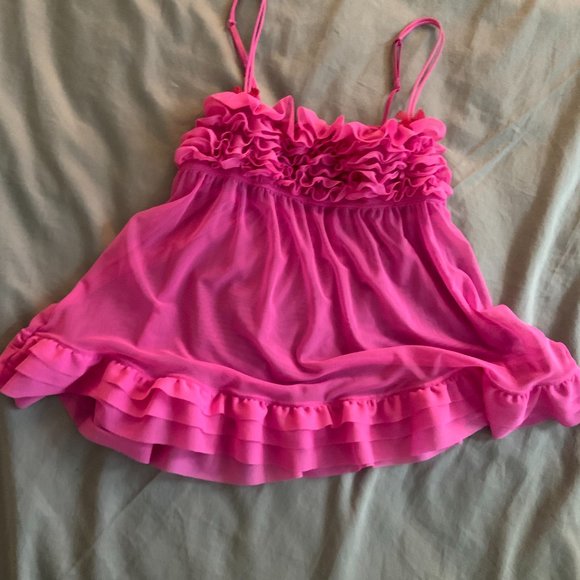 Vintage Hot Pink Ruffle Teddy Lingerie Pink Ruffles Top Sheer Babydoll - Picture 3 of 6